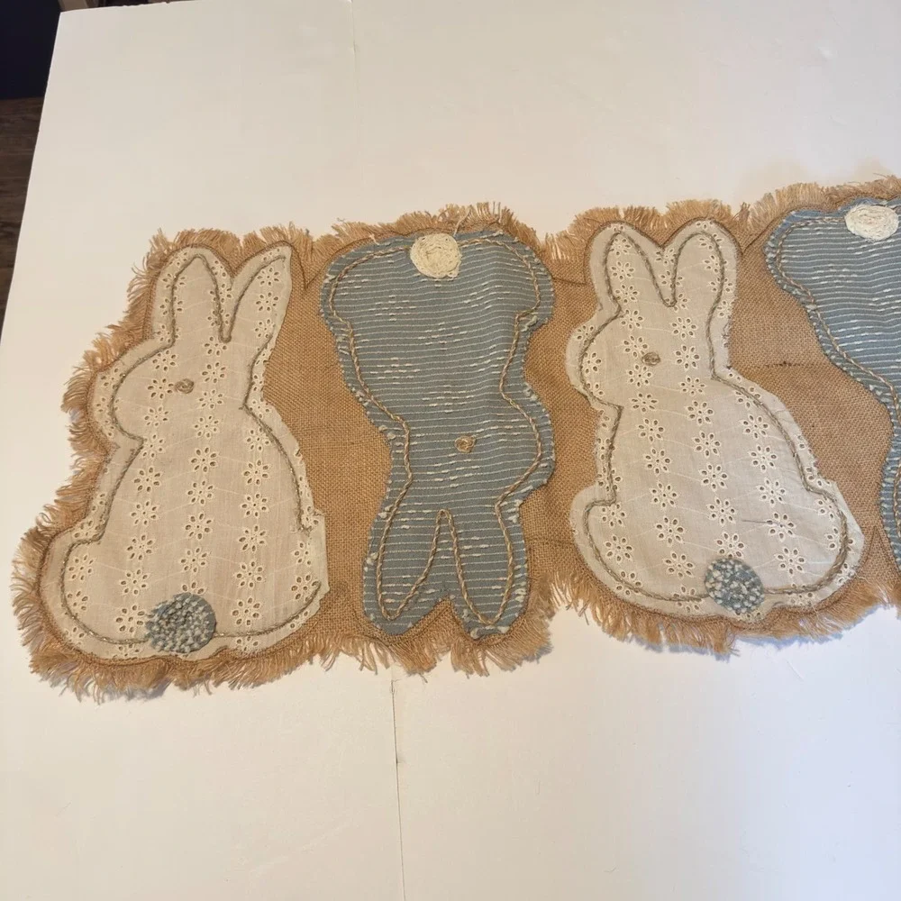 Shabby Chic Jute Bunny Table Runner Tan Blue Eyelet Easter Farmhouse 54x16